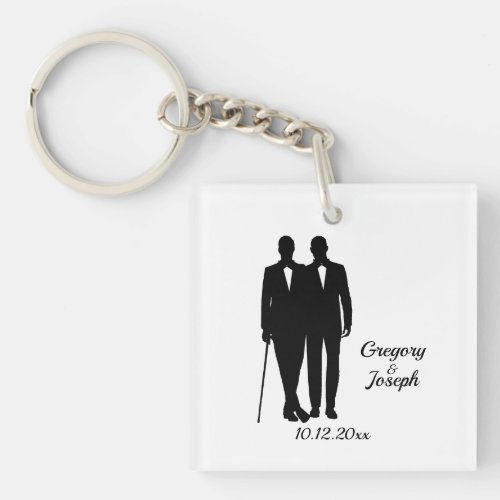 Gay Wedding Grooms with Names and Date Keychain