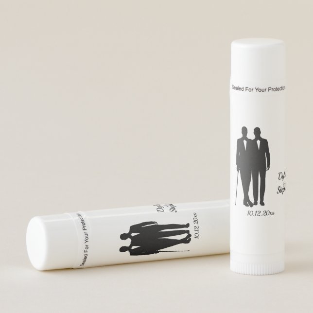Gay Wedding Grooms with Names and Date Lip Balm (Front)