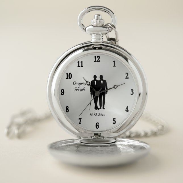 Gay Wedding Grooms with Names and Date Pocket Watch (Inside)