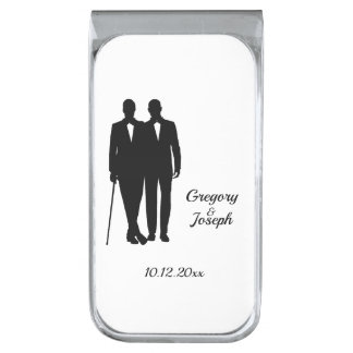 Gay Wedding Grooms with Names and Date Silver Finish Money Clip