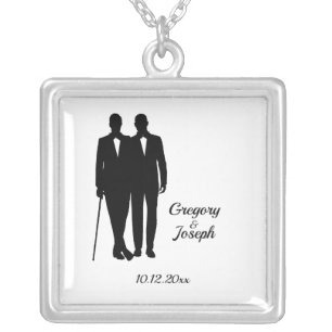 Gay Wedding Grooms with Names and Date Silver Plated Necklace