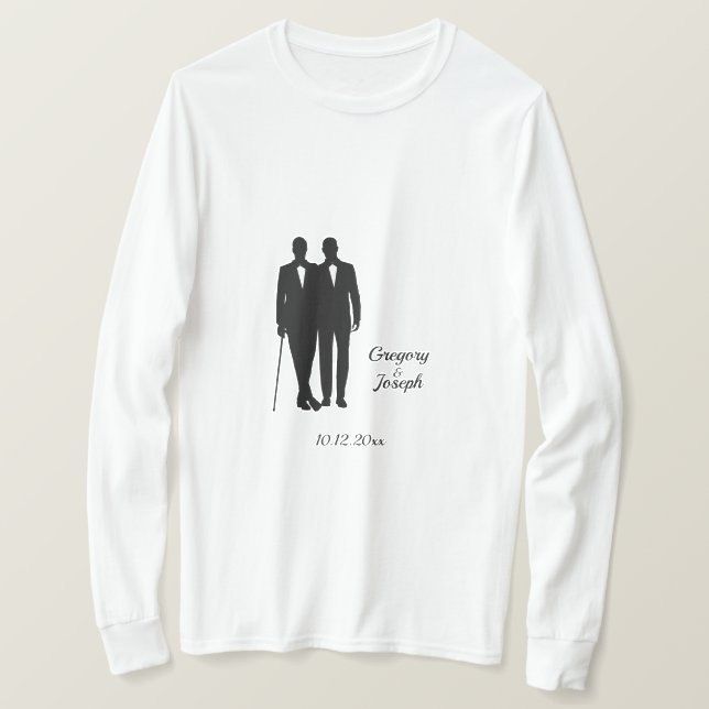 Gay Wedding Grooms with Names and Date T-Shirt (Design Front)