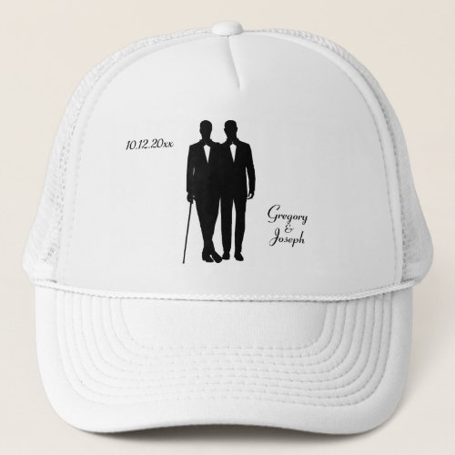 Gay Wedding Grooms with Names and Date Trucker Hat