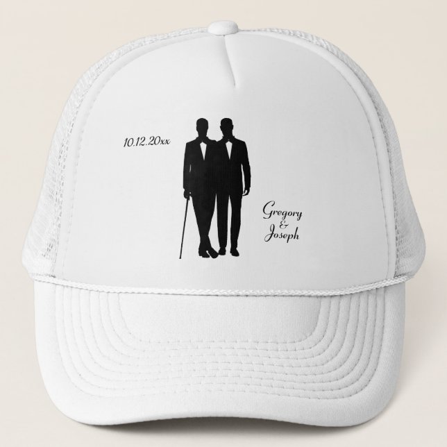 Gay Wedding Grooms with Names and Date Trucker Hat (Front)