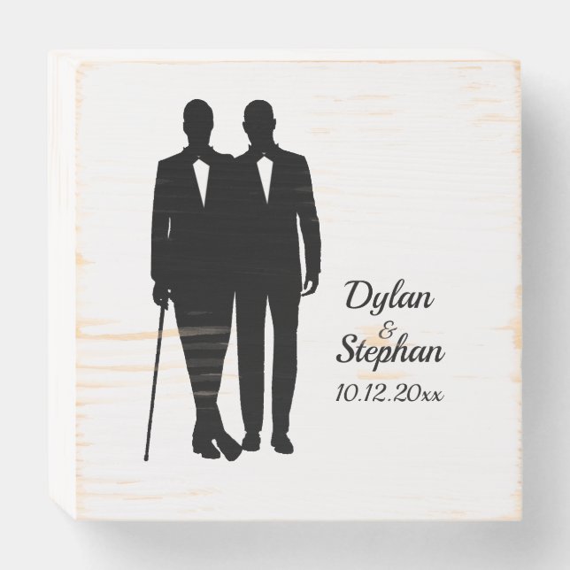 Gay Wedding Grooms with Names and Date Wooden Box Sign (Front Horizontal)