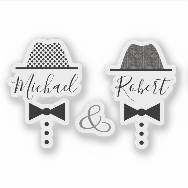 Gay Wedding Hat and Bow Tie Name Sticker (Front)