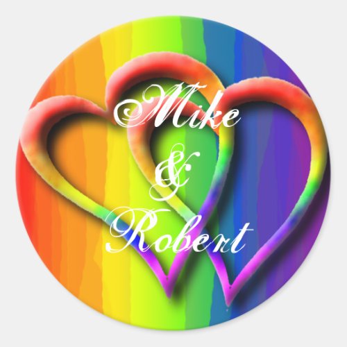 Gay Wedding Hearts LGBT Custom Personalized Names Classic Round Sticker