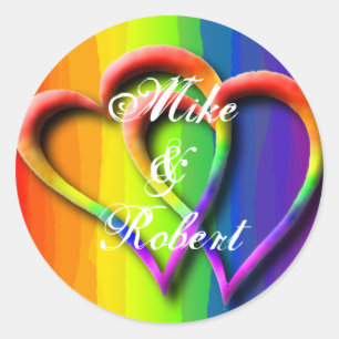 Gay Wedding Hearts LGBT Custom Personalized Names Classic Round Sticker