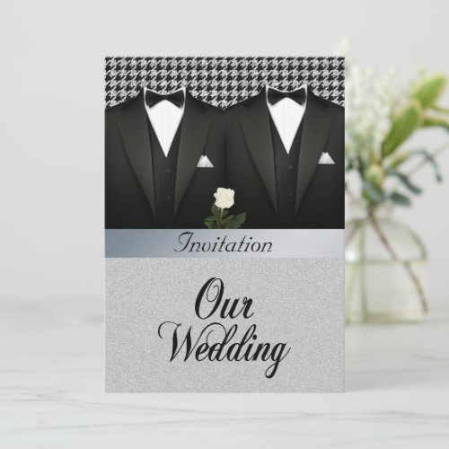 Gay Wedding Invitation with Tuxedo and White Rose