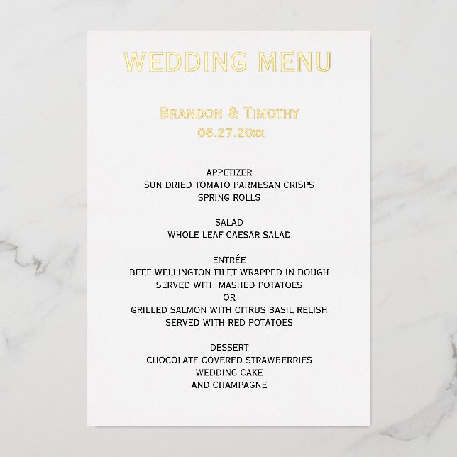 Gay Wedding Menu White And Real Gold Foil Invitation (Front)