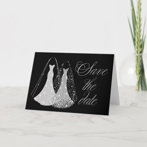 Gay Wedding Save the Date in Black and faux silver Announcement