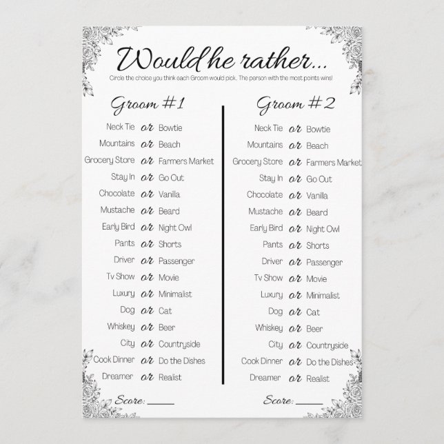 Gay Wedding Shower Game, Would He Rather Invitation (Front)