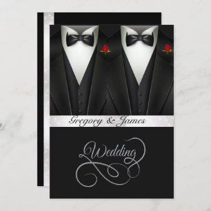 Gay Wedding Tuxedos Red Roses Gold Foil Invitation