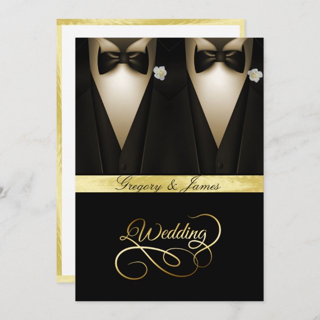 Gay Wedding Tuxedos White Roses Gold Foil Invitation (Front/Back)