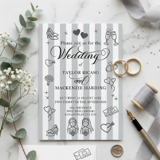 Gay Wedding Two Brides Whimsical Doodles Invitation