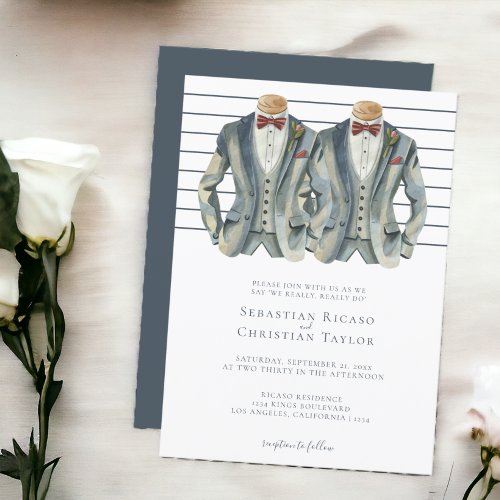 Gay Wedding Two Grooms in Suits and Bow Ties Invitation