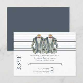 Gay Wedding Two Grooms in Suits and Bow Ties RSVP Card