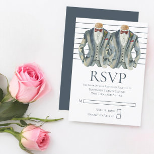 Gay Wedding Two Grooms in Suits and Bow Ties RSVP Card