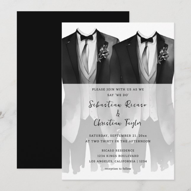 Gay Wedding Two Grooms in Suits and Ties Invitation (Front/Back)