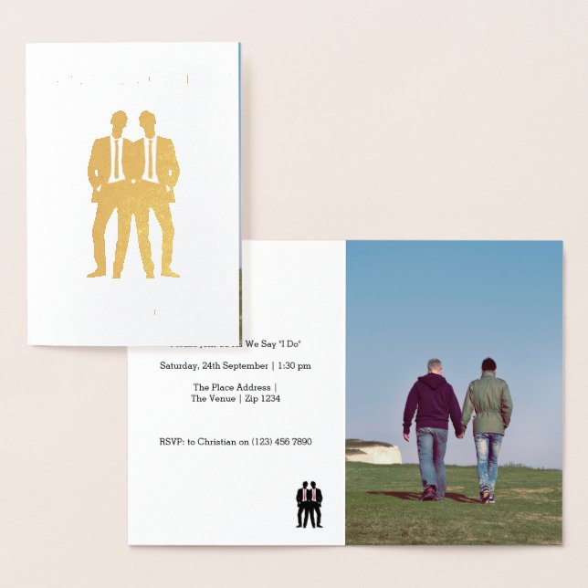 Gay Wedding Two Grooms in Ties Foil Card (Display)