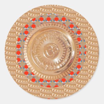 Gayatri Mantra N Ommantra Symbol Embossed Gold Classic Round Sticker by 2sideprintedgifts at Zazzle