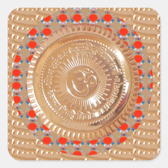 GAYATRI Mantra n OmMantra Symbol Embossed GOLD Square Sticker (Front)