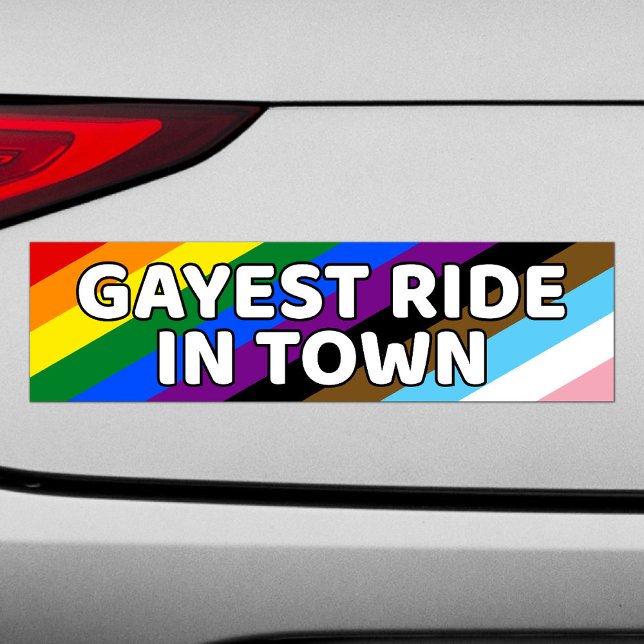 Gayest Ride In Town LGBTQ Rainbow Stripes Pride Bumper Sticker (Creator Uploaded)
