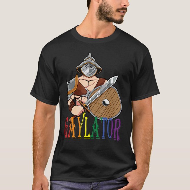Gaylator Rainbow Warrior with Sword and Shield T-Shirt (Front)