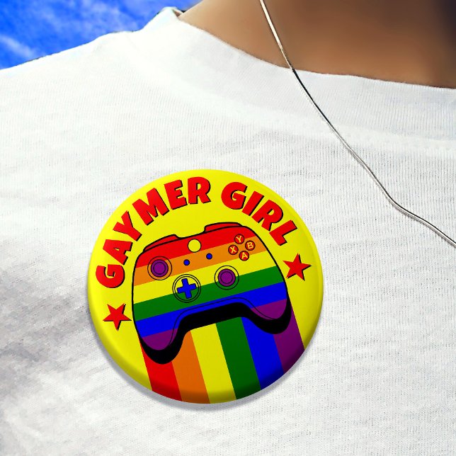 Gaymer Girl Cute Gay Gamer Rainbow Flag  Button (In Situ pin on shirt)