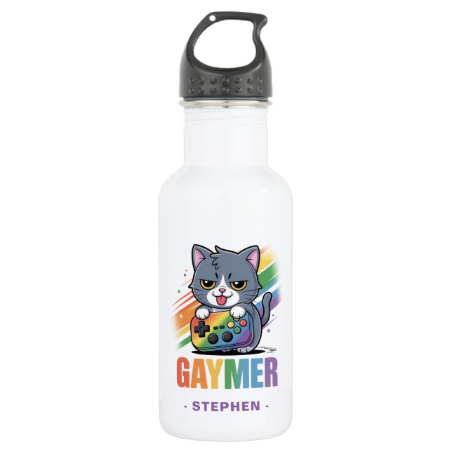 Gaymer - Rainbow Gaming Cat with Console | LGBTQ 2 Stainless Steel Water Bottle (Front)