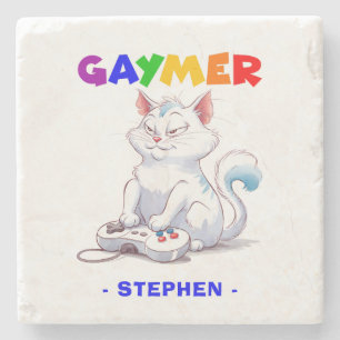Gaymer - Rainbow Gaming Cat with Console LGBTQ Stone Coaster