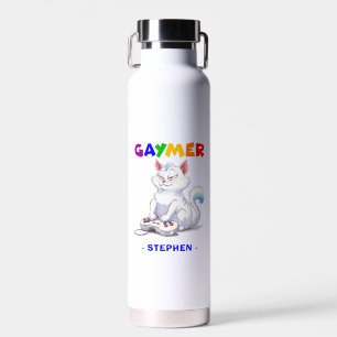 Gaymer - Rainbow Gaming Cat with Console   LGBTQ Water Bottle