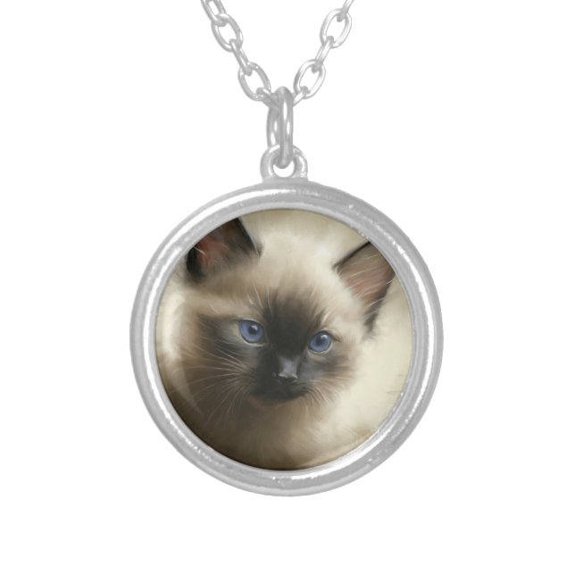 Gaze Of Innocence Siamese Kitten Portrait Silver Plated Necklace (Front)