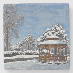 "GAZEBO IN SNOW" STONE COASTER
