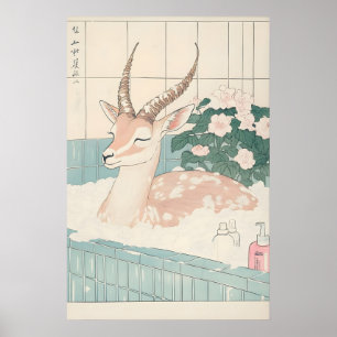 Gazelle in Bathtub Ukiyo-e Print Funny Animal