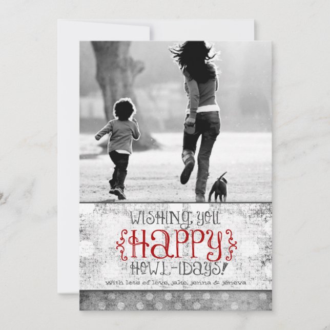 GC | Happy Howlidays Gray Red Linen Holiday Card (Front)