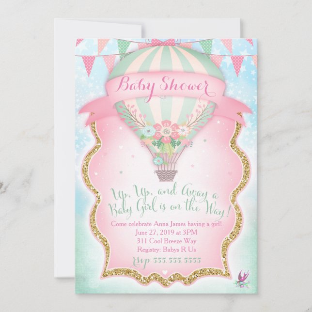 GC Hot Air Balloon Baby Shower Girl Invitation (Front)