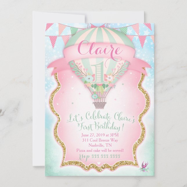 GC Hot Air Balloon First Birthday Claire Invitation (Front)