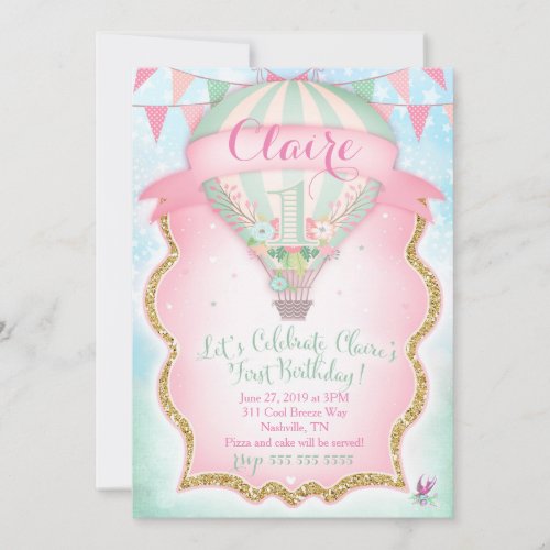 GC Hot Air Balloon First Birthday Claire Invitation