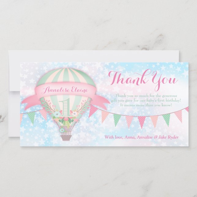 GC Hot Air Balloon First Birthday Thank You Card (Front)