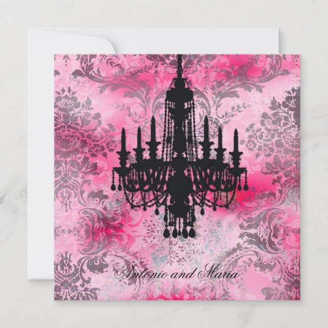 GC | Jolie Black Chandelier Pink Gray Damask Invitation (Front)