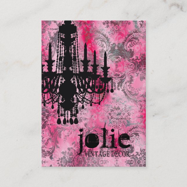 GC | Jolie Chandelier Pink Gray Damask Business Card (Front)