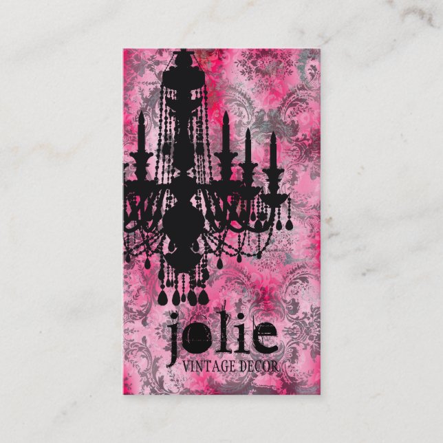 GC | Jolie Chandelier Pink Gray Damask Business Card (Front)