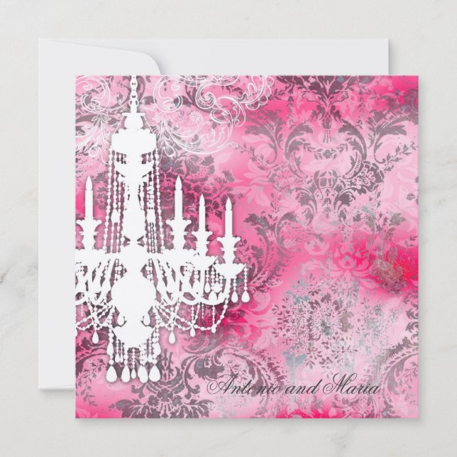GC | Jolie Chandelier Pink Gray Damask Champagne M Invitation (Front)