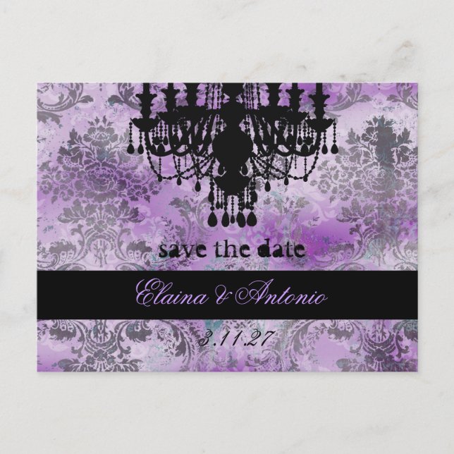 GC | Jolie Chandelier Purple Gray Damask Announcement Postcard (Front)