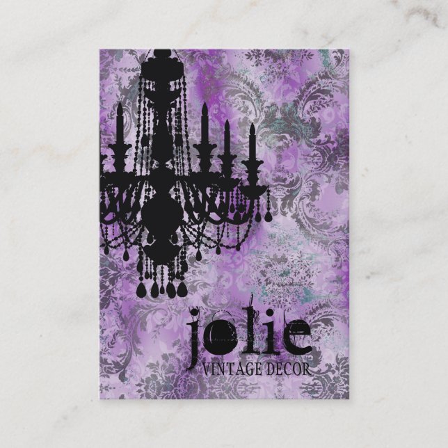 GC | Jolie Chandelier Purple Gray Damask Business Card (Front)