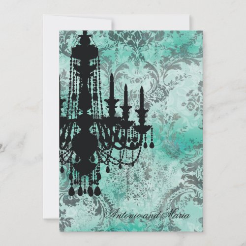 GC | Jolie Chandelier Turquoise Grey Damask Personalized Invitations
