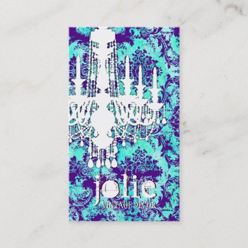 GC | Jolie Chandelier Turquoise Purple Damask Business Card Template