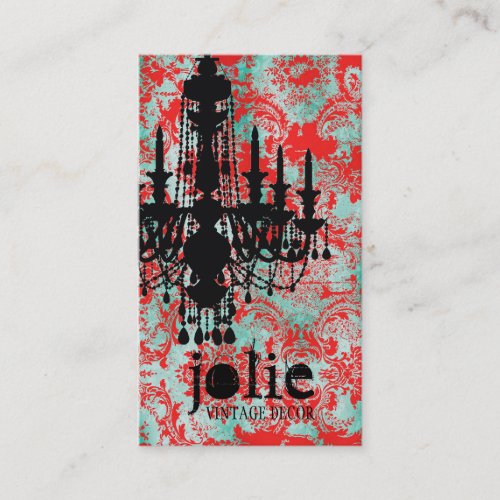 GC | Jolie Chandelier Turquoise Red Damask Business Card Template