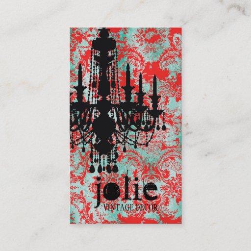 Customizable GC | Jolie Chandelier Turquoise Red Damask Business Card Template